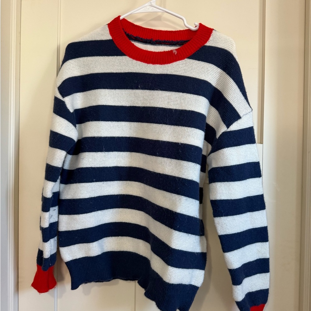 Striped Navy and White Sweater with Red Accents